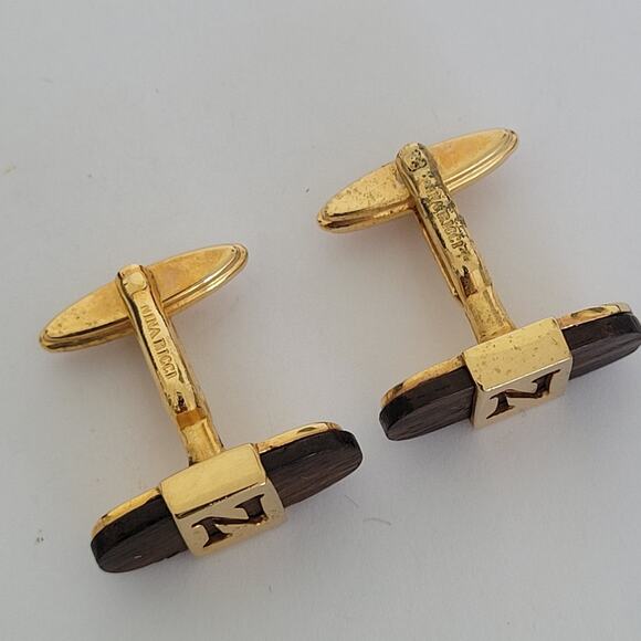 Nina Ricci N Oval Cufflinks Gold Brown Wood Tone French Designer Retro Vintage - Picture 3 of 7